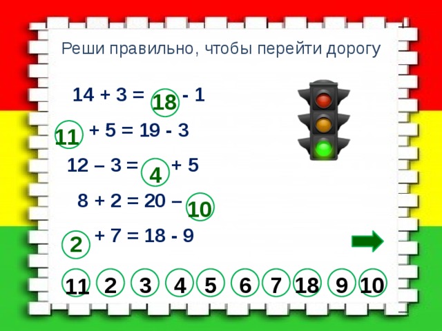 Реши правильно, чтобы перейти дорогу  14 + 3 = - 1  + 5 = 19 - 3 12 – 3 = + 5  8 + 2 = 20 –  + 7 = 18 - 9 18 11 4 10 2 7 6 18 10 2 5 4 3 9 11