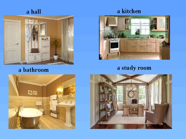 a kitchen a hall a study room a bathroom
