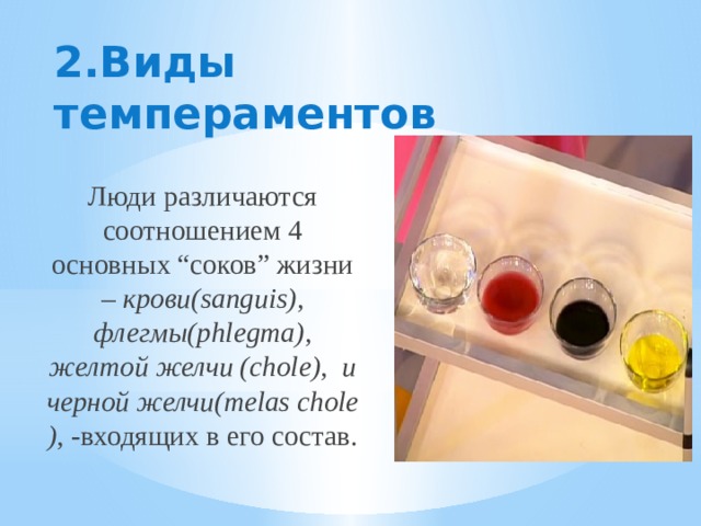 2.Виды темпераментов Люди различаются соотношением 4 основных “соков” жизни – крови(sanguis), флегмы(phlegma), желтой желчи (chole), и черной желчи(melas chole ) , -входящих в его состав.