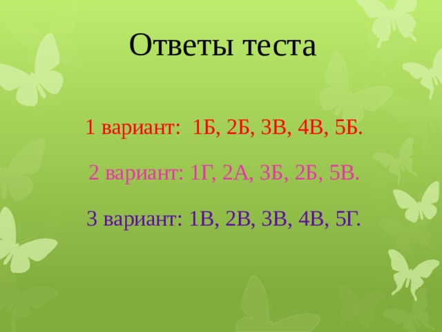 Ответы теста    1 вариант: 1Б, 2Б, 3В, 4В, 5Б.     2 вариант: 1Г, 2А, 3Б, 2Б, 5В.     3 вариант: 1В, 2В, 3В, 4В, 5Г.
