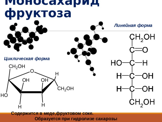 Моносахарид фруктоза Линейная форма Циклическая форма Содержится в меде , фруктовом соке . Образуется при гидролизе сахарозы