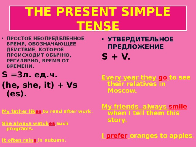 THE PRESENT SIMPLE TENSE ПРОСТОЕ НЕОПРЕДЕЛЕННОЕ ВРЕМЯ, ОБОЗНАЧАЮЩЕЕ ДЕЙСТВИЕ, КОТОРОЕ ПРОИСХОДИТ ОБЫЧНО, РЕГУЛЯРНО, ВРЕМЯ ОТ ВРЕМЕНИ. УТВЕРДИТЕЛЬНОЕ ПРЕДЛОЖЕНИЕ S + V. S =3л. ед.ч.  (he, she, it) + Vs (es).  Every year they go  to see their relatives in Moscow. My father lik es  to read after work.   My friends always smile  when I tell them this story. She always watch es  such programs.   I prefer  oranges to apples . It often rain s  in autumn .  https://yandex.ru/images/search?pos=6&img_url=https%3A%2F%2Ffs01.infourok.ru%2Fimages%2Fdoc%2F8%2F10387%2F640%2Fimg1.jpg&text=the%20present%20simple%20tense%20правила&rpt=simage&lr=16