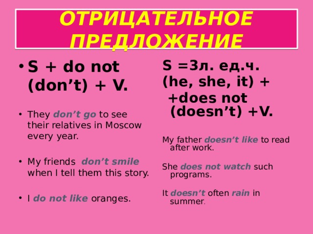 ОТРИЦАТЕЛЬНОЕ ПРЕДЛОЖЕНИЕ S + do not (don’t) + V. S =3л. ед.ч. (he, she, it) + They don’t go to see their relatives in Moscow еvery year.  +does not (doesn’t) +V.  My friends don’t smile when I tell them this story. My father doesn’t like to read after work. I do not like  oranges. She does not watch  such programs. It doesn’t  often rain in summer .