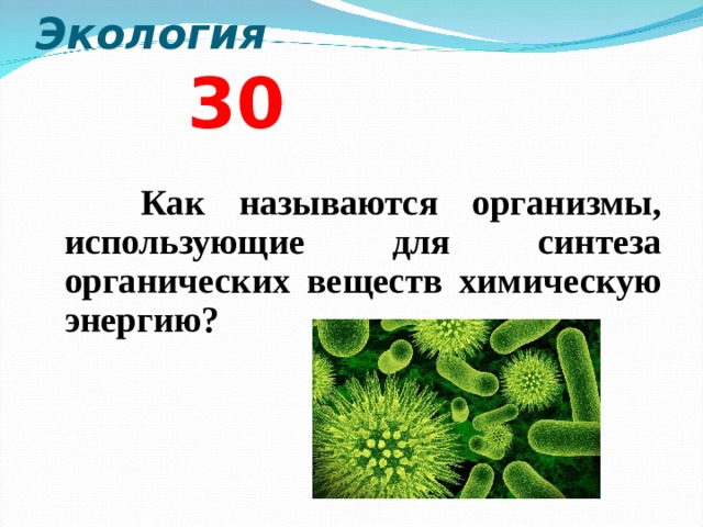 Экология  3 0   Как называются организмы, использующие для синтеза органических веществ химическую энергию?