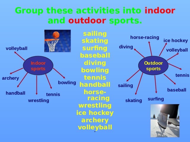 Group these activities into indoor  and  outdoor  sports. sailing skating surfing baseball diving bowling tennis handball horse-racing wrestling ice hockey archery volleyball horse-racing ice  hockey diving volleyball volleyball Outdoor Indoor sports sports tennis archery bowling sailing baseball handball tennis surfing wrestling skating 