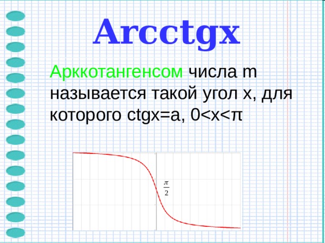 Arcctg х  Арккотангенсом числа m называется такой угол x, для которого ctgx=a, 0<x< π