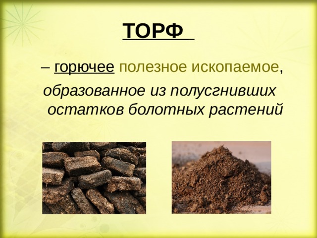 ТОРФ    – горючее   полезное ископаемое ,  образованное из полусгнивших остатков болотных растений