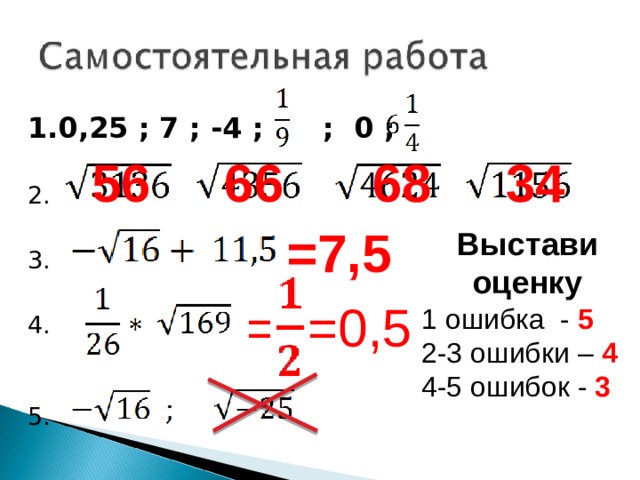 0,25 ; 7 ; -4 ;   ; 0 ; 1.0,25 ; 7 ; -4 ; ; 0 ; 2. 3. 4. 5. 56 66 68 34 =7,5 Выстави оценку 1 ошибка - 5 2-3 ошибки – 4 4-5 ошибок - 3 = =0,5