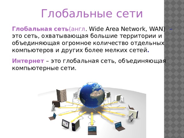 Глобальные сети Глобальная сеть (англ . Wide Area Network, WAN) – это сеть, охватывающая большие территории и объединяющая огромное количество отдельных компьютеров и других более мелких сетей . Интернет  – это глобальная сеть, объединяющая компьютерные сети. 2010 г.