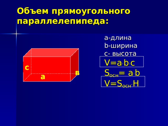 Объем прямоугольного параллелепипеда:    а-длина b -ширина с- высота V=a . b . c S осн = a . b V=S осн . H