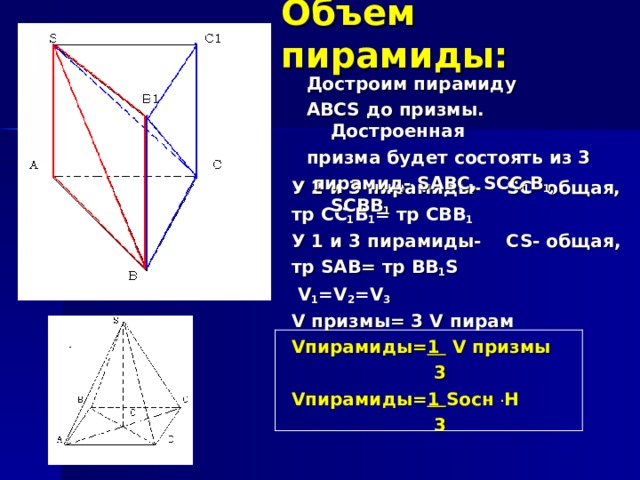 Объем пирамиды: Достроим пирамиду ABCS до призмы. Достроенная призма будет состоять из 3  пирамид - SABC, SCC 1 B 1, SCBB 1  У 2 и 3 пирамиды- SC - общая, тр CC 1 B 1 = тр CBB 1 У 1 и 3 пирамиды- С S- общая, тр SAB = тр BB 1 S  V 1 =V 2 =V 3 V призмы= 3 V пирам V пирамиды = 1  V призмы  3 V пирамиды = 1 S осн  . H    3