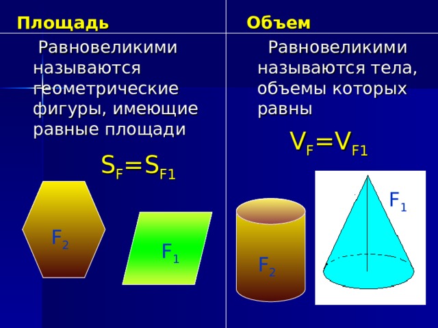 Площадь  Равновеликими называются геометрические фигуры, имеющие равные площади  Объем  Равновеликими называются тела, объемы которых равны V F =V F1 S F =S F1 F 1 F 2 F 1 F 2