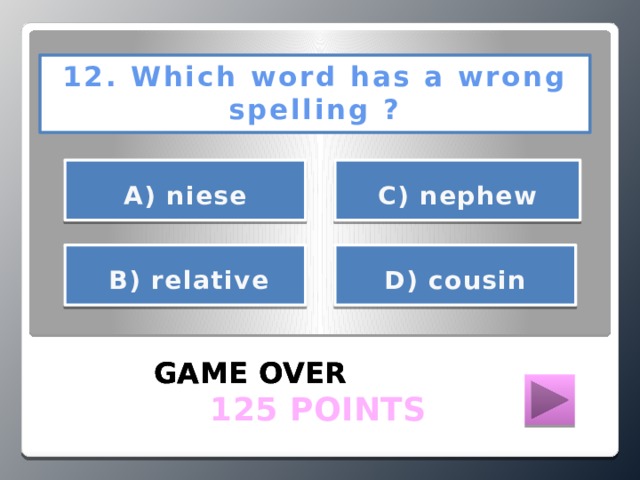 12. Which word has a wrong spelling ?     С) nephew А) niese     D) cousin  В) relative   GAME OVER GAME OVER GAME OVER  125 POINTS