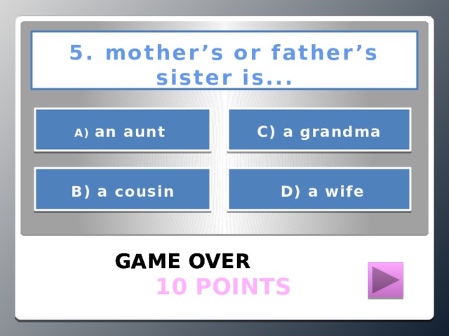 5. mother’s or father’s sister is...    С) a grandma А) an aunt      D) a wife В) a cousin   GAME OVER GAME OVER GAME OVER  10 POINTS