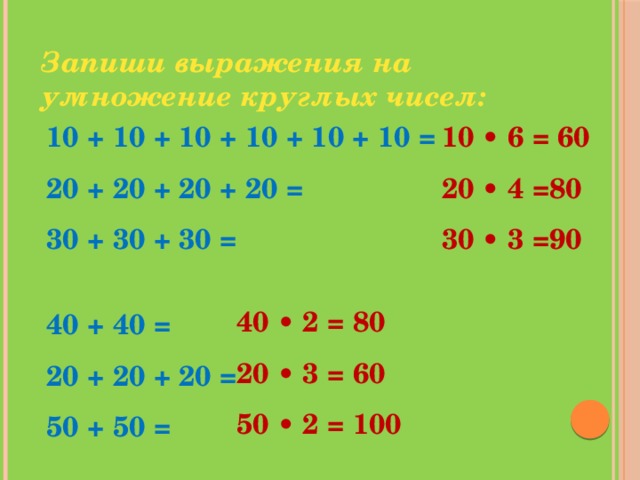 Запиши выражения на умножение круглых чисел: 10 + 10 + 10 + 10 + 10 + 10 = 10 • 6 = 60 20 + 20 + 20 + 20 = 20 • 4 =80 30 + 30 + 30 = 30 • 3 =90  40 + 40 = 20 + 20 + 20 = 50 + 50 = 40 • 2 = 80 20 • 3 = 60 50 • 2 = 100