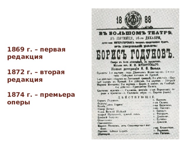 1869 г. – первая редакция  1872 г. – вторая редакция  1874 г. – премьера оперы