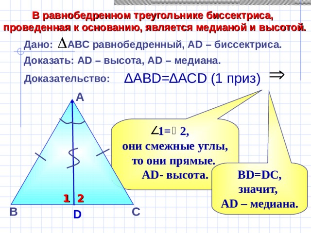 В равнобедренном треугольнике биссектриса, проведенная к основанию, является медианой и высотой. Дано: АВС равнобедренный, А D – биссектриса . Доказать: А D – высота, А D – медиана. ∆ АВ D =∆АС D (1 приз) Доказательство: А 1= 2, они смежные углы, то они прямые. А D - высота. В D=DC , значит, А D – медиана. 1 2 С В D