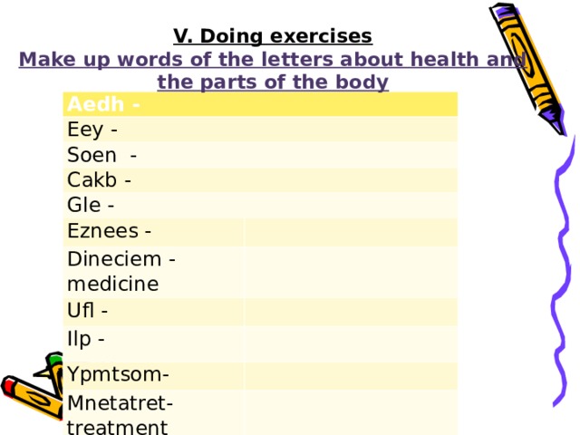 V. Doing exercises  Make up words of the letters about health and the parts of the body Aedh - Eey - Soen - Cakb - Gle - Eznees -   Dineciem - medicine   Ufl -   Ilp -   Ypmtsom-   Mnetatret-treatment  