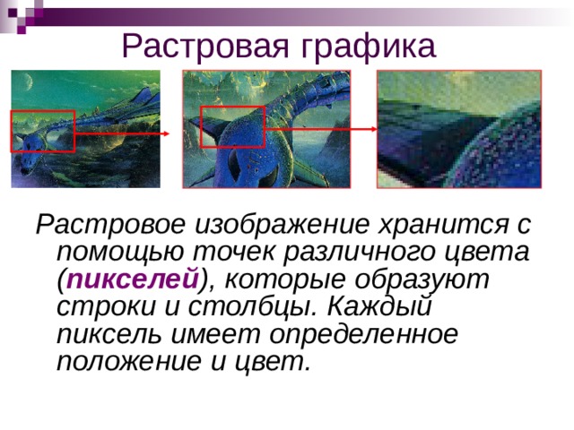 Растровая графика Растровое изображение хранится с помощью точек различного цвета ( пикселей ), которые образуют строки и столбцы. Каждый пиксель имеет определенное положение и цвет.