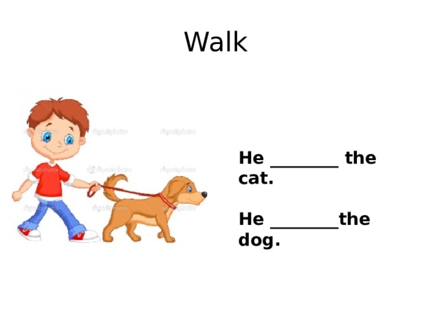 Walk He ________ the cat.  He ________the dog.