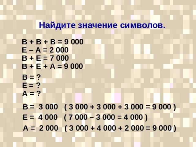 Найдите значение символов.  В + В + В = 9 000 Е – А = 2 000 В + Е = 7 000 В + Е + А = 9 000  В = ? Е = ? А = ?  В = 3 000 ( 3 000 + 3 000 + 3 000 = 9 000 ) Е = 4 000 ( 7 000 – 3 000 = 4 000 ) А = 2 000 ( 3 000 + 4 000 + 2 000 = 9 000 )