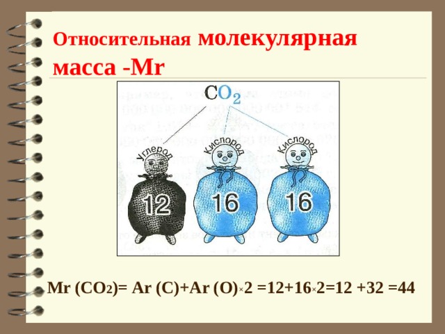 Относительная молекулярная масса -М r  Mr (CO 2 )= Ar (C)+Ar (O) × 2 =12+16 × 2 =12 +32 =44