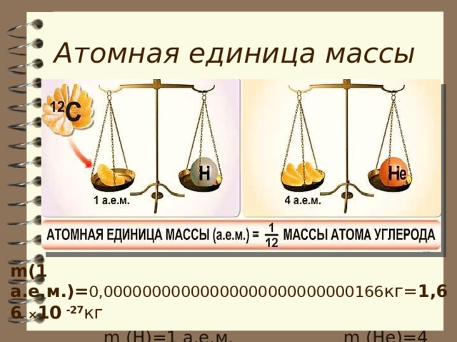 Атомная единица массы m(1 а.е.м .)= 0,00000000000000000000000000166 кг= 1,66 × 10  -27 кг   m a (H)=1 а.е.м.   m a (He)=4 а.е.м.