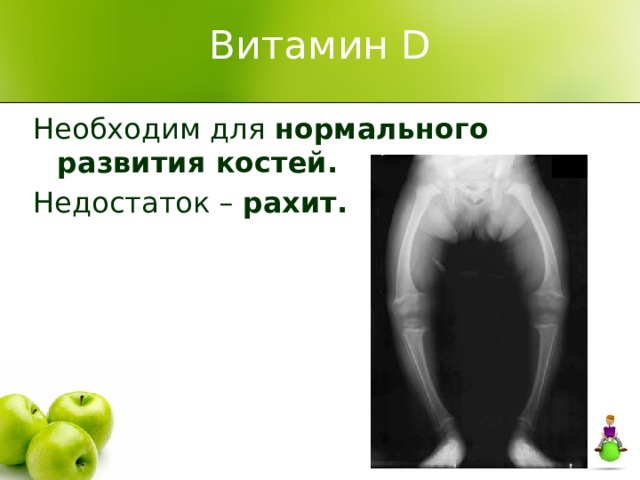 Витамин D Необходим для нормального развития костей. Недостаток – рахит.