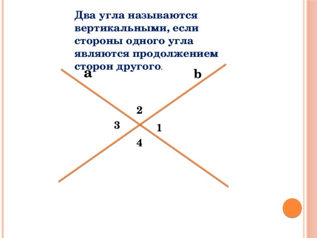 Два угла называются вертикальными, если стороны одного угла являются продолжением сторон другого . а b 2 3 1 4