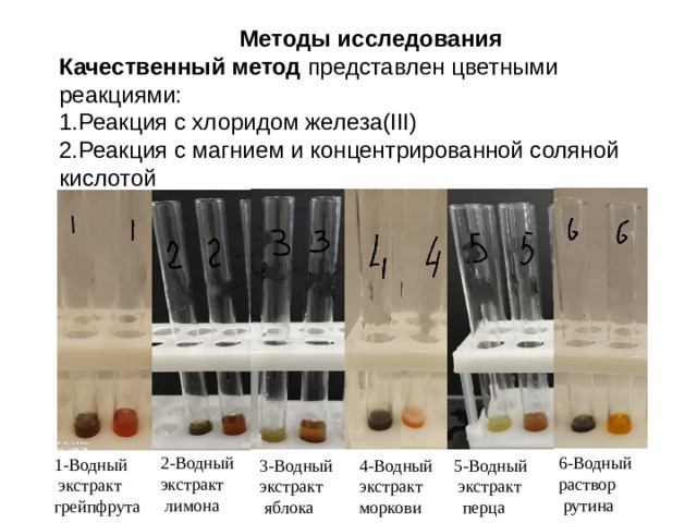 Методы исследования Качественный метод представлен цветными реакциями: 1.Реакция с хлоридом железа(III) 2.Реакция с магнием и концентрированной соляной кислотой .  6-Водный 2-Водный раствор экстракт  лимона  рутина 1-Водный  экстракт грейпфрута 5-Водный 3-Водный 4-Водный экстракт  экстракт экстракт  перца моркови  яблока
