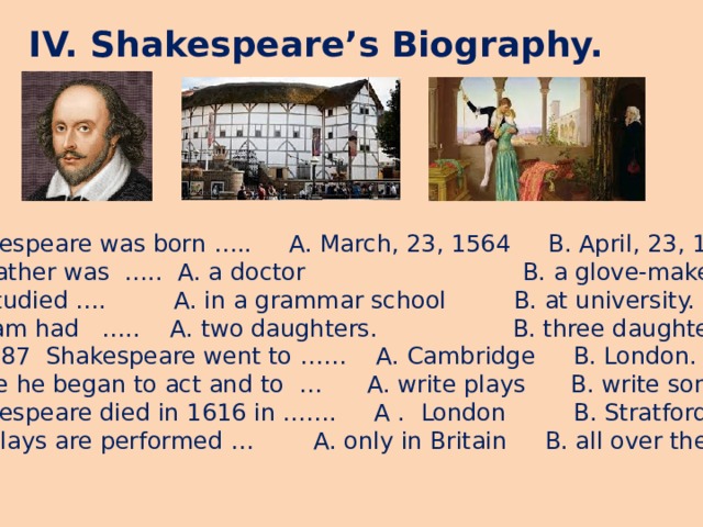 IV. Shakespeare’s Biography.