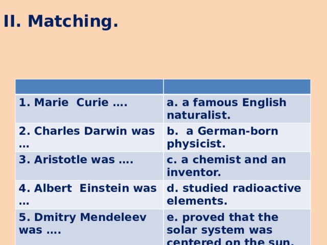 II. Matching. 1. Marie Curie …. a. a famous English naturalist. 2. Charles Darwin was … b. a German-born physicist. 3. Aristotle was …. c. a chemist and an inventor. 4. Albert Einstein was … d. studied radioactive elements. 5. Dmitry Mendeleev was …. e. proved that the solar system was centered on the sun. 6. Nicolas Copernicus …. f. a Greek philosopher.