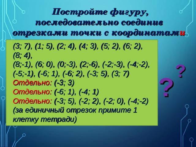 Постройте фигуру, последовательно соединив отрезками точки с координатам и  (3; 7), (1; 5), (2; 4), (4; 3), (5; 2), (6; 2), (8; 4),  (8;-1), (6; 0), (0;-3), (2;-6), (-2;-3), (-4;-2), (-5;-1), (-6; 1), (-6; 2), (-3; 5), (3; 7)  Отдельно: (-3; 3)  Отдельно: (-6; 1), (-4; 1)  Отдельно: (-3; 5), (-2; 2), (-2; 0), (-4;-2)  (за единичный отрезок примите 1 клетку тетради) ? ?