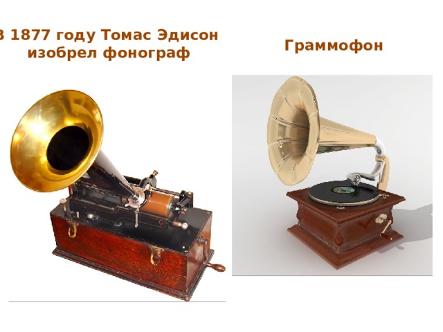 В 1877 году Томас Эдисон  изобрел фонограф Граммофон