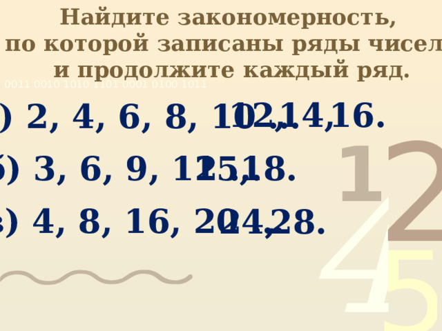 Найдите закономерность, по которой записаны ряды чисел, и продолжите каждый ряд. 16. 14, 12, а) 2, 4, 6, 8, 10 … б) 3, 6, 9, 12 … 15, 18. в) 4, 8, 16, 20 … 24, 28.