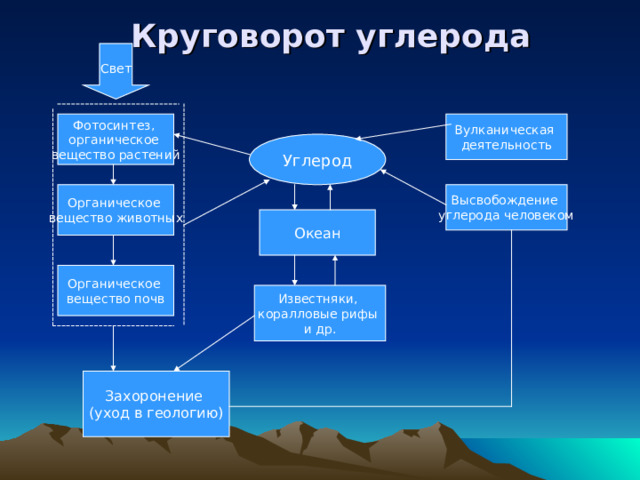 Круговорот углерода Свет Фотосинтез, органическое вещество растений Вулканическая деятельность Углерод Органическое вещество животных Высвобождение углерода человеком Океан Органическое вещество почв Известняки, коралловые рифы и др. Захоронение (уход в геологию)