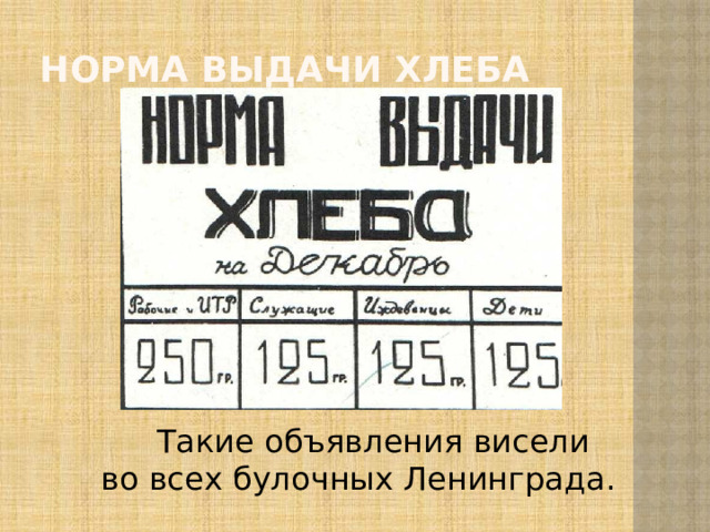НОРМА ВЫДАЧИ ХЛЕБА  Такие объявления висели во всех булочных Ленинграда.