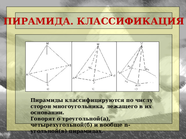 ПИРАМИДА. КЛАССИФИКАЦИЯ Пирамиды классифицируются по числу сторон многоугольника, лежащего в их основании. Говорят о треугольной(а), четырехугольной(б) и вообще n-угольной(в) пирамидах.