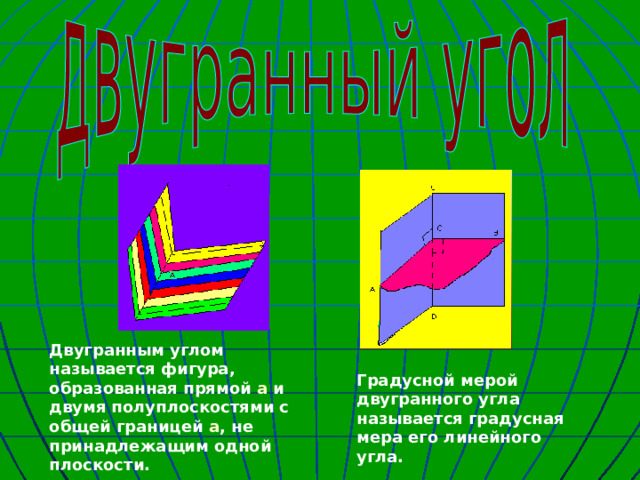 Двугранным углом называется фигура, образованная прямой а и двумя полуплоскостями с общей границей а , не принадлежащим одной плоскости. Градусной мерой двугранного угла называется градусная мера его линейного угла.