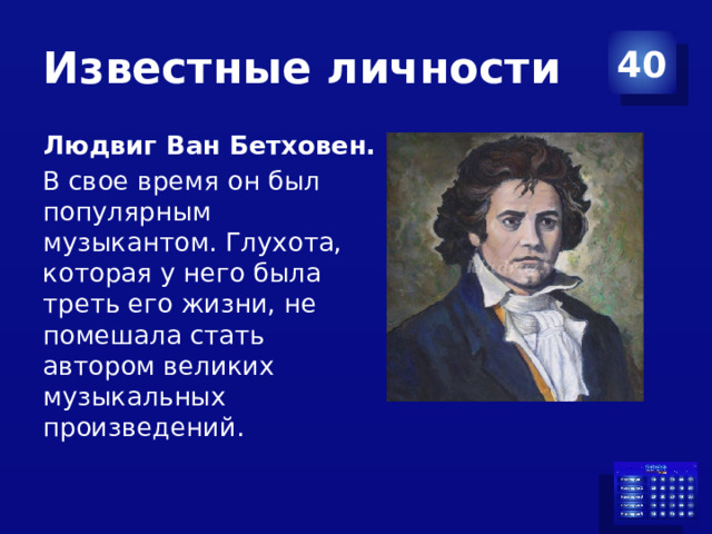 Известные личности 40 Людвиг Ван Бетховен. В свое время он был популярным музыкантом. Глухота, которая у него была треть его жизни, не помешала стать автором великих музыкальных произведений.
