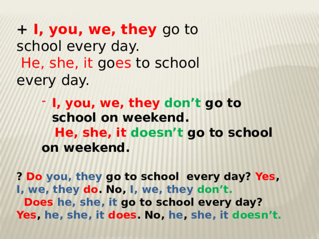 + I, you, we, they go to school every day.  He, she, it go es to school every day. I, you, we, they don’t go to school on weekend.  He, she, it doesn’t go to school on weekend. ? Do  you, they go to school every day? Yes , I, we, they  do . No, I, we, they  don’t.  Does  he, she, it go to school every day? Yes , he, she, it does . No, he , she, it doesn’t.