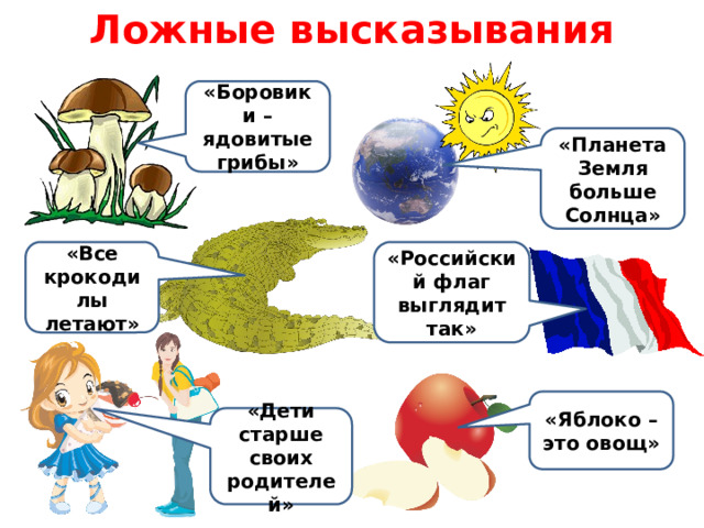 Ложные высказывания «Боровики – ядовитые грибы» «Планета Земля больше Солнца» «Все крокодилы летают» «Российский флаг выглядит так» «Яблоко – это овощ» «Дети старше своих родителей»