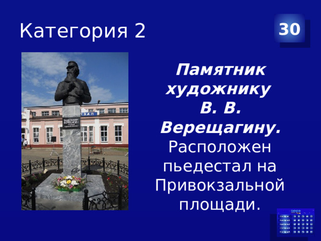 Категория 2 30 Памятник художнику В. В. Верещагину. Расположен пьедестал на Привокзальной площади.
