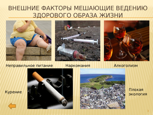 Внешние факторы мешающие ведению здорового образа жизни Неправильное питание Наркомания Алкоголизм Плохая экология Курение