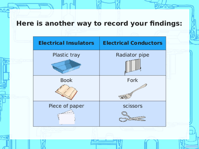 Here is another way to record your findings: Electrical Insulators Electrical Conductors Plastic tray Radiator pipe Book Fork Piece of paper scissors