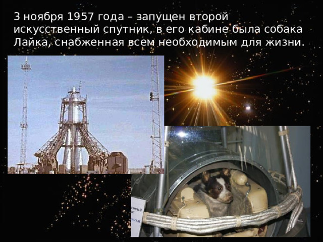 3 ноября 1957 года – запущен второй искусственный спутник, в его кабине была собака Лайка, снабженная всем необходимым для жизни.