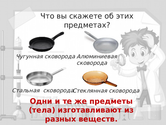 Что вы скажете об этих предметах?  Алюминиевая сковорода Чугунная сковорода Стальная сковорода Стеклянная сковорода Одни и те же предметы (тела) изготавливают из разных веществ.