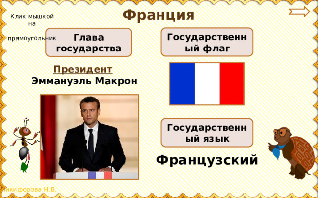 Франция Клик мышкой на  прямоугольник Государственный флаг Глава государства Президент  Эммануэль Макрон Государственный язык Французский
