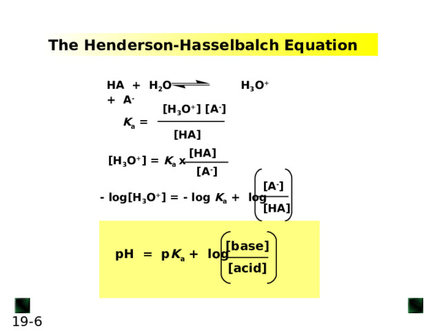 The Henderson-Hasselbalch Equation 2 3 + - 3 + - K a 3 + K a - - 3 + K a [base] pH = p K a + log [acid] 6