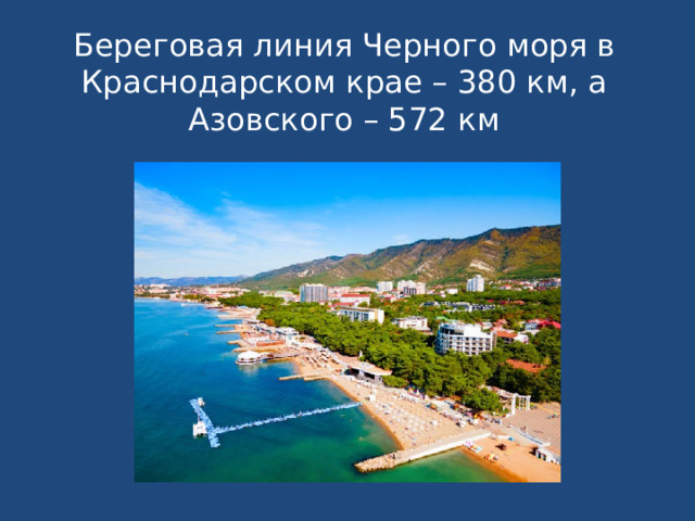 Береговая линия Черного моря в Краснодарском крае – 380 км, а Азовского – 572 км
